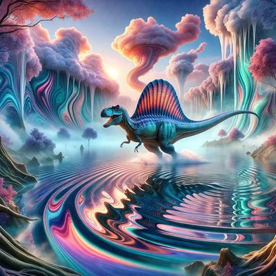 The primary subject of the image is a large, colorful, and vibrant dinosaur, likely a T-Rex, walking through a body of water. The setting is a surreal, fantastical landscape with a mix of water, clouds, and trees. The visual style is a digital art or illustration, creating a whimsical and imaginative atmosphere. The dominant colors are shades of blue, pink, and purple, giving the scene a dreamy and magical quality.
